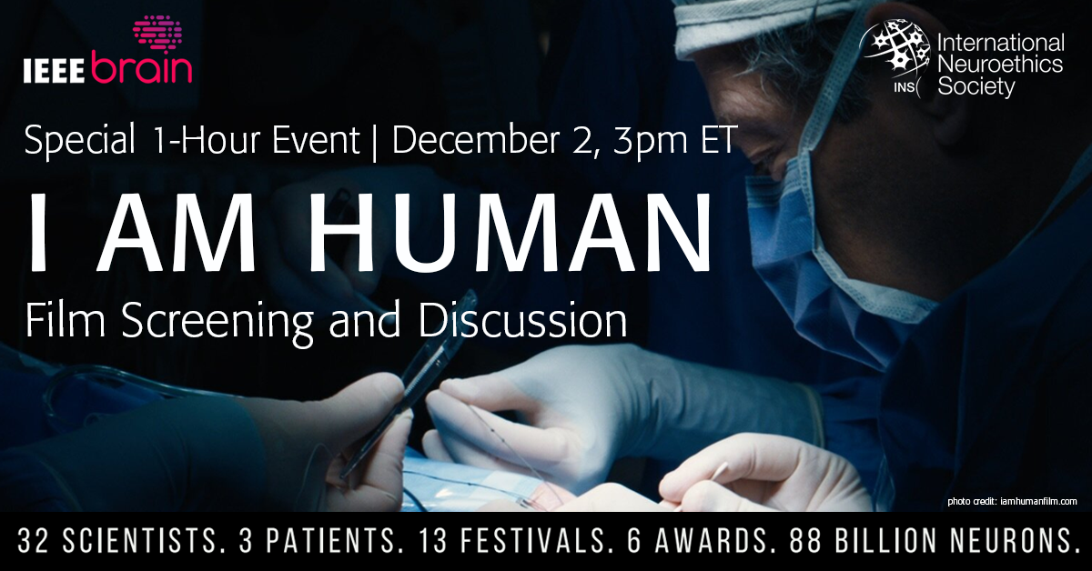 I AM HUMAN. 32 scientists, 3 patients, 13 festivals, 6 awards, 88 billion neurons; Doctors performing surgery on a patient background image