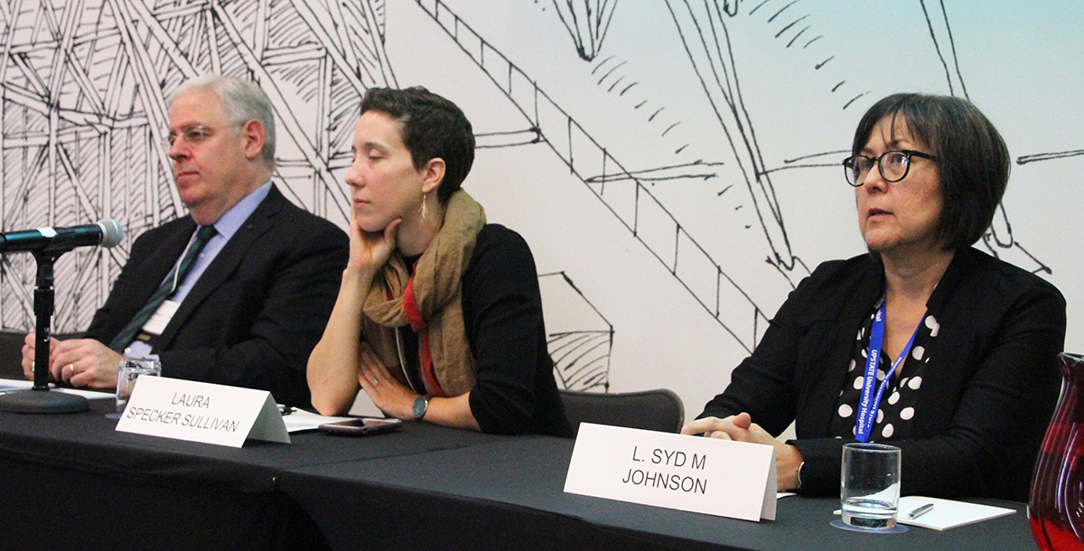 Photo of Joseph J. Fins, Laura Specker Sullivan, and L. Syd M Johnson answering attendee questions