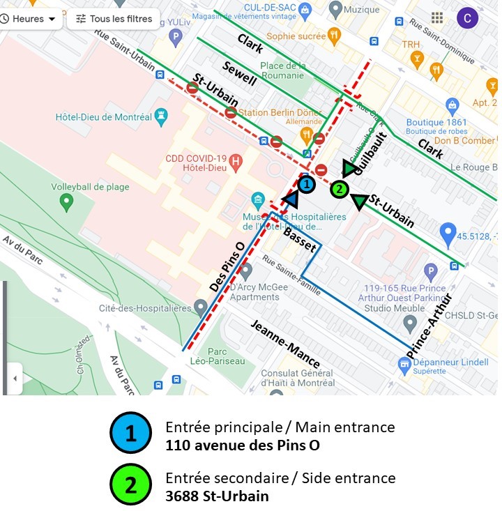 Map showing walking routes around IRCM building and preferred entrances