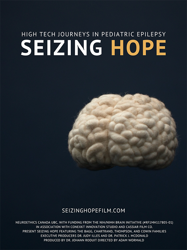 Movie poster for Seizing Hope: High Tech Journeys in Pediatric Epilepsy; Includes a cream-colored brain made of yarn on a pedestal with a dark blue background;